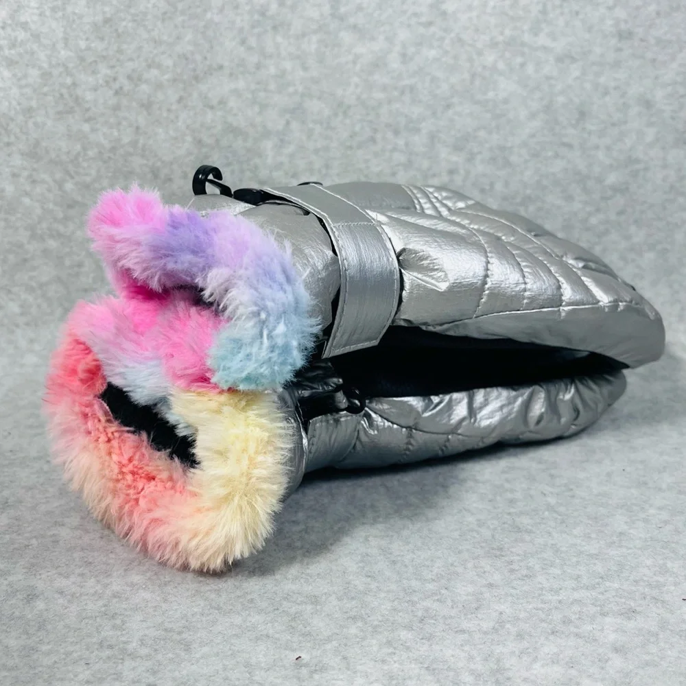 Swiss Tech Girls Rainbow Powder Muff‎ SILVER METALLIC Winter Gloves L/XL
